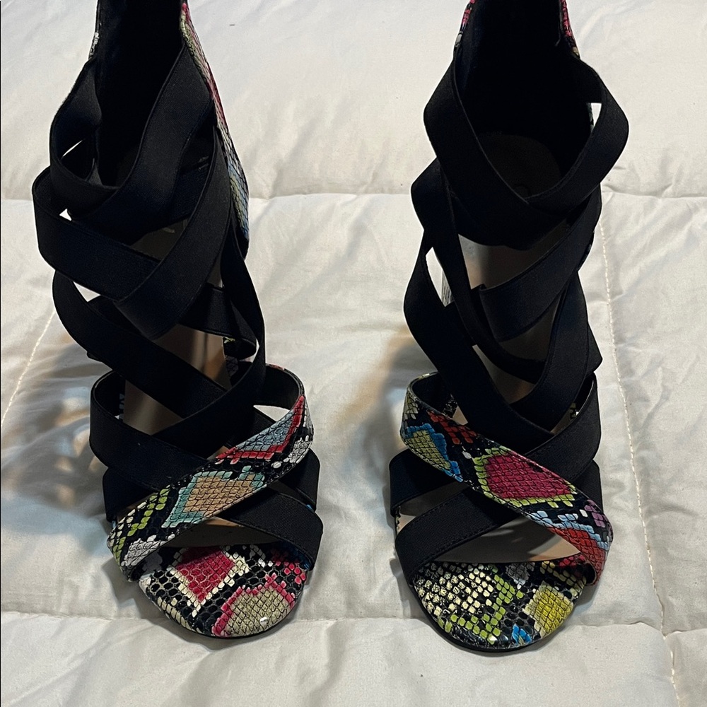 Yoki Black Strappy Heels with Colorful Snake-Print Accents